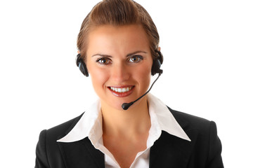 smiling modern business woman with headset isolated on white.