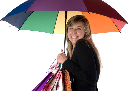 femme expressive qui fait du shopping sous la pluie