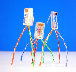 Three connectors RJ45 for network. Shallow DOF.