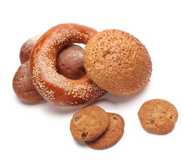 assortment of baked bread isolated on white