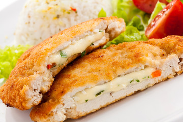 Stuffed turkey fillet with white rice  and vegetable salad