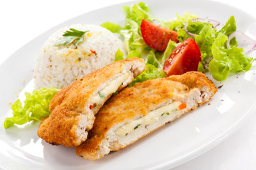 Stuffed turkey fillet with white rice  and vegetable salad