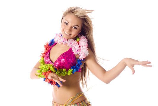 pretty dance girl in hawaiian costume isolated