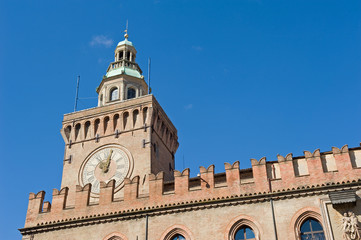 Clock tower of Municipality in Bologna, Italy.