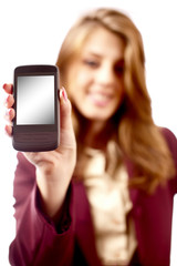 Businesswoman presenting PDA or smartphone