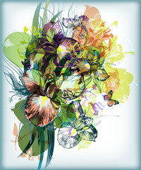 bouquet  of colored hand-drawn irises