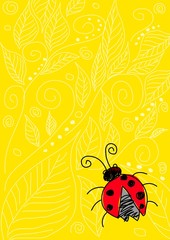 Naive art illustration of a bug on yellow ornament background
