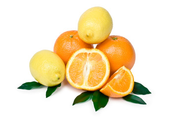 Fruits and sheet on white background