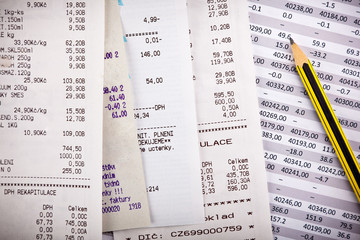 Obraz premium financial document, bills and wooden pencil.