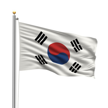 Flag of South Korea waving in the wind over white background