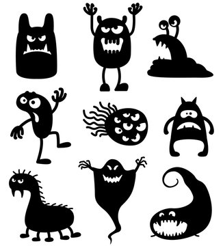 Silhouettes of cute doodle monsters-bacteria