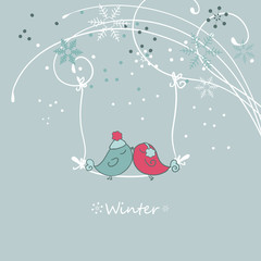 winter card with bird on a sviwng