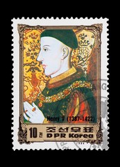 North Korean mail stamp featuring British monarch Henry V.
