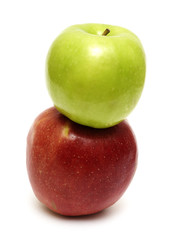 Two apples, red and green, on white background