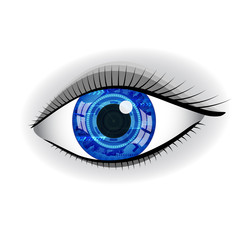 Human blue technology eye with reflection.