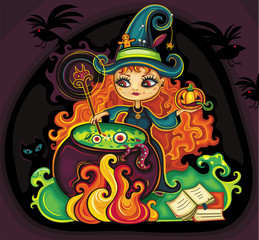 young funny witch  cooking something poisonous