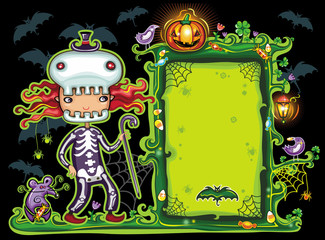 Halloween frame with cute girl dressed as a skeleton.