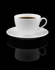 Cup of coffee with mirror image on black