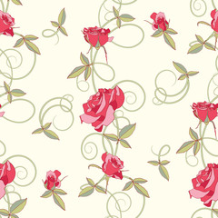 Seamless background of red roses, buds, tendrils