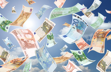 Falling euros (sunny sky background)