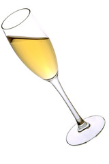 A glass of champagne, isolated on a white background.