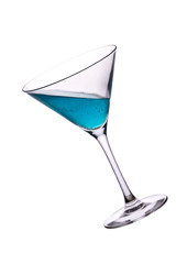 Blue alcohol cocktail with green lime isolated on white