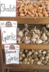 Fresh Garlic and shallots sit in shelves on display for sale.