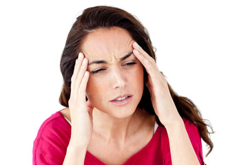 Downcast hispanic woman having a headache