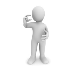 3d man holds a very small item in a hand.