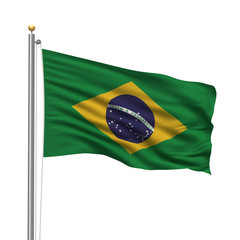 Flag of Brazil waving in the wind in front of white background