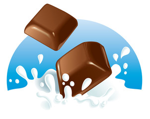 Chocolate pieces splashing in milk. Vector illustration