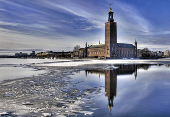 Winter image of Stockholm City hall.
