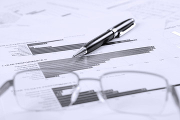 Charts, diagrams, tables. Business desktop.