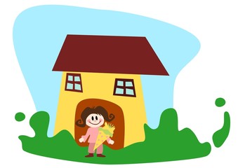Obraz na płótnie Canvas Illustration: Kind mit Schultüte vor der Schule