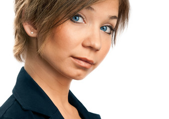 Portrait of young businesswoman on white background