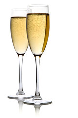 A glass of champagne, isolated on a white background.