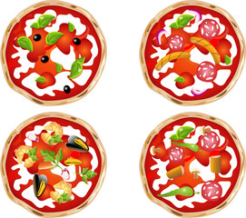 Pizza slices with pizza ingredients of different kinds. Image for pizza menu.