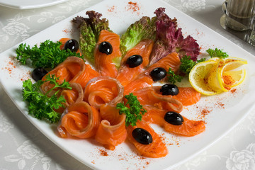 salted salmon sliced on a plate