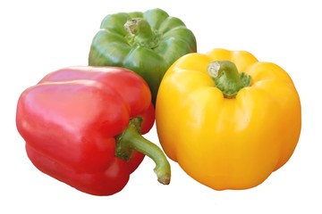 Drei Paprikaschoten (rot, gelb, grün)