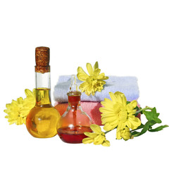 Bottles of essential oil, towels and flowers isolated on white