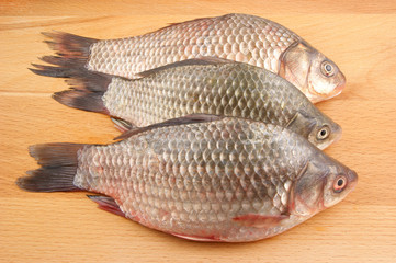 Raw crucian on wooden background