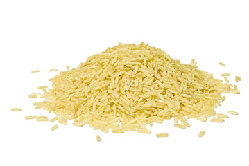 Pile of brown long rice isolated over white