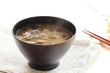 Japanese Miso soup with nameko and seaweed