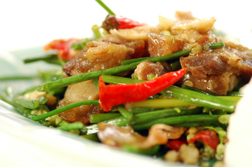 Fried pork with Chive Flowers