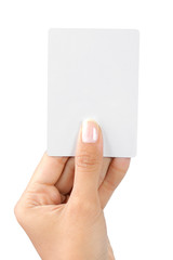 gesture of a beautiful woman's hand showing a white card
