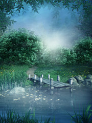 Obrazy na Szkle  Niebieska sceneria z jeziorem i kładką