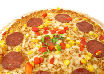 Pizza with salami on wooden board isolated on white