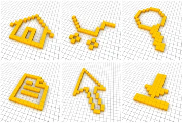 Printed roller blinds Pixel Set of 6 orange icons in grid. 3D rendered.