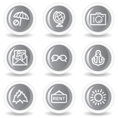 Travel web icons set 5, circle grey glossy buttons
