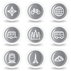 Travel web icons set 2, circle grey glossy buttons